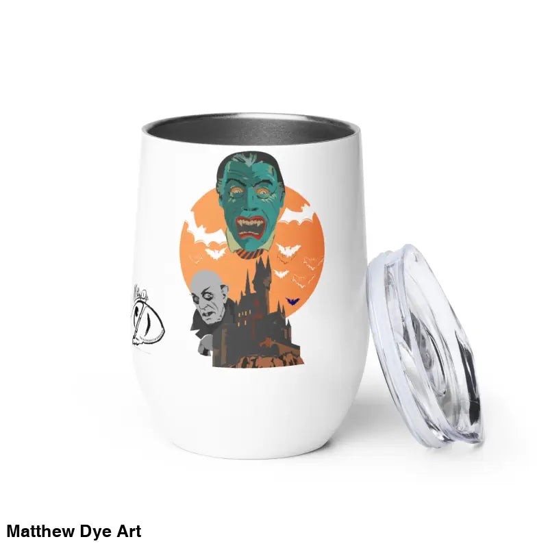 White stainless steel wine tumbler featuring a monster graphic for Halloween lovers