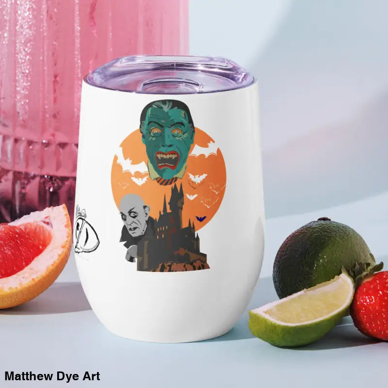 White stainless steel wine tumbler featuring a monster graphic for Halloween enthusiasts