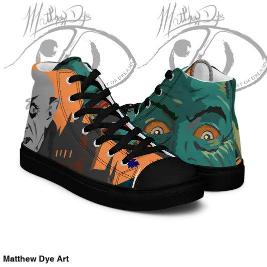 High-top sneakers with Matthew Dye art in vintage Halloween designs featuring whimsical dinosaurs