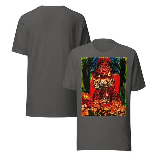 Gray unisex Halloween t-shirt featuring a Trick R Treat graphic design