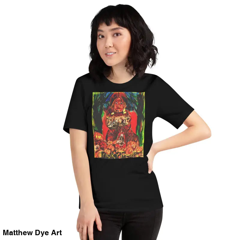 Black unisex Halloween Art Tee featuring Nightmare Trickster graphic for trick r treat lovers