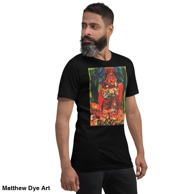 Black unisex Halloween t-shirt featuring colorful Nightmare Trickster graphic for trick r treat