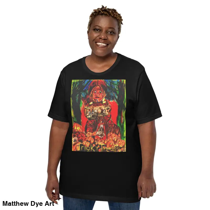Black unisex Halloween t-shirt featuring Nightmare Trickster trick r treat graphic