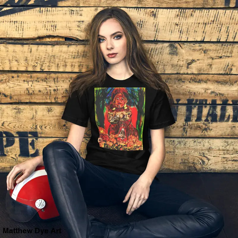 Black unisex t-shirt featuring colorful graphic for Halloween and Trick R Treat enthusiasts