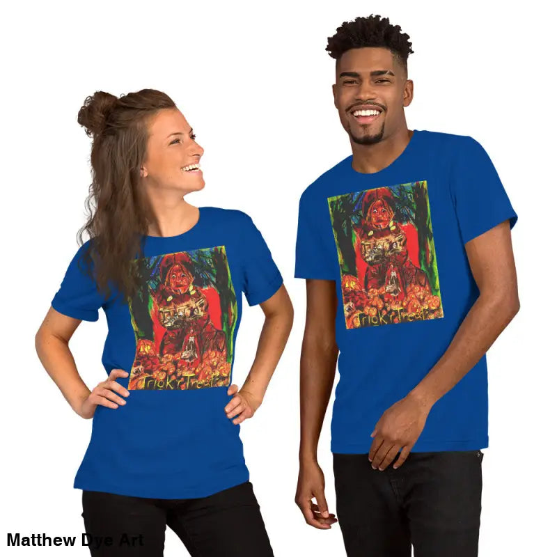 Matching blue graphic t-shirts for Halloween featuring Nightmare Trickster, unisex design