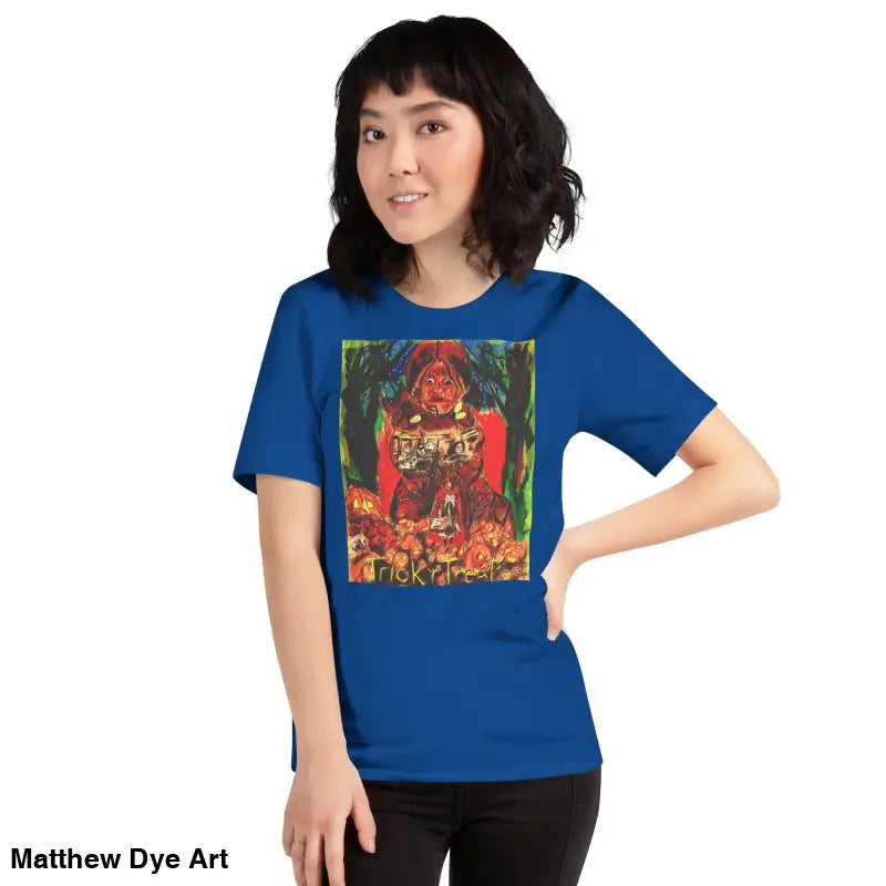 Blue unisex Halloween t-shirt featuring a ’Nightmare Trickster’ graphic for Trick r Treat