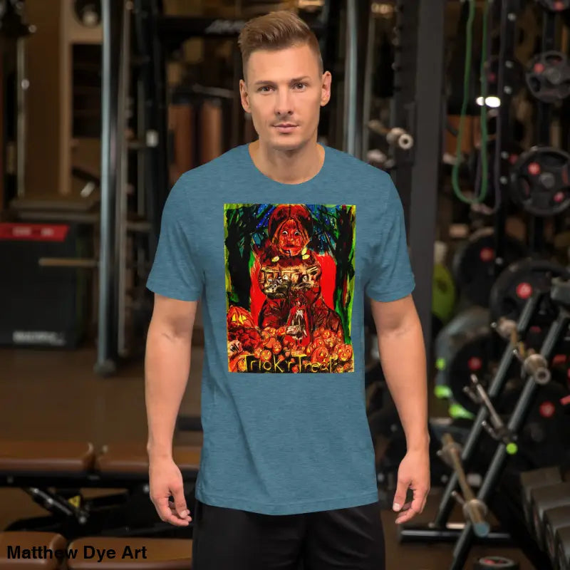 Blue unisex Halloween t-shirt featuring a Trick R Treat graphic design