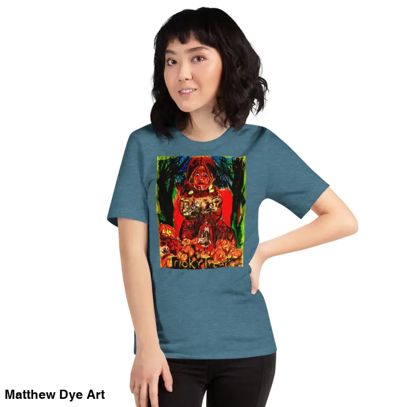 Blue Unisex Halloween Art Tee featuring Trick R Treat graphic for festive attire