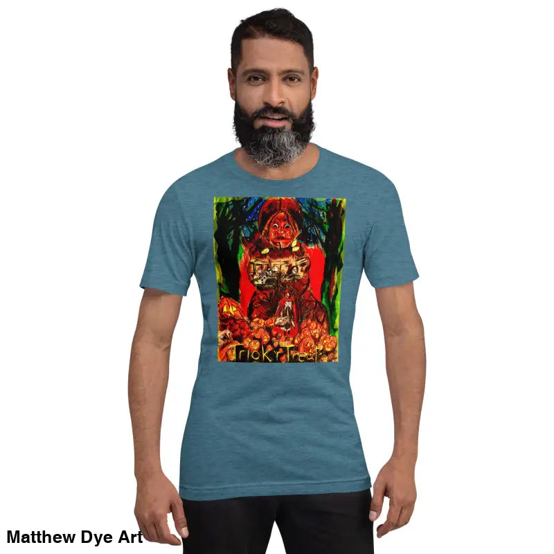 Blue unisex Halloween t-shirt featuring a Trick R Treat graphic design
