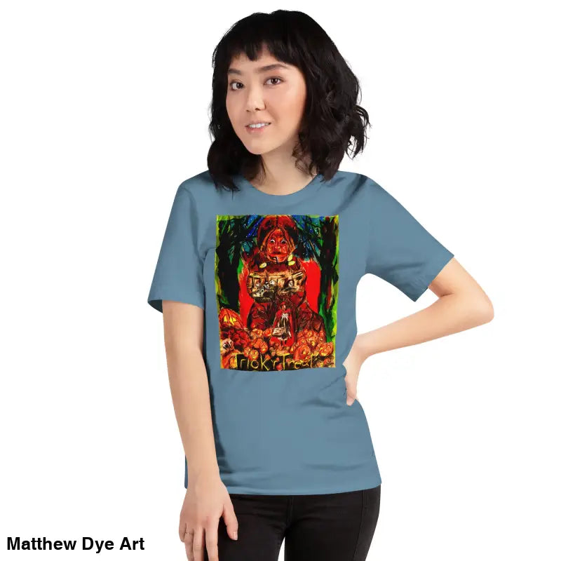 Blue unisex Halloween t-shirt featuring a Trick R Treat graphic design