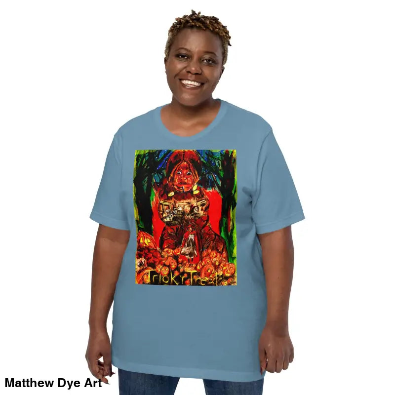 Blue unisex Halloween T-shirt featuring Trick R Treat graphic for festive celebrations