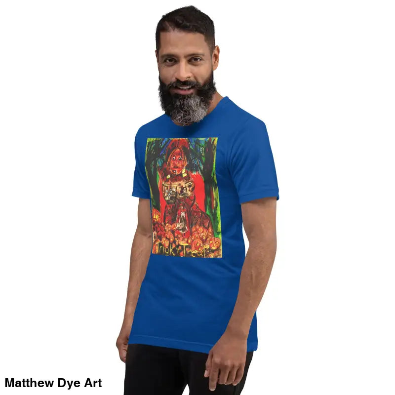 Blue unisex Halloween art tee featuring colorful Trick R Treat design