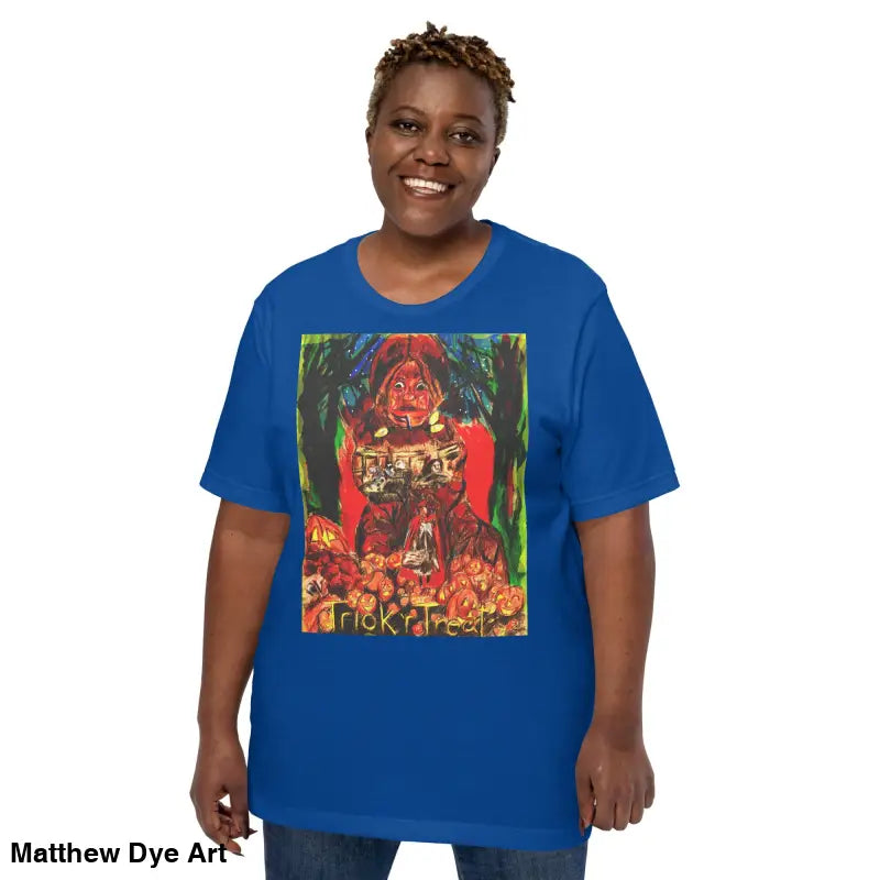 Blue unisex Halloween art tee featuring Nightmare Trickster trick r treat graphic design