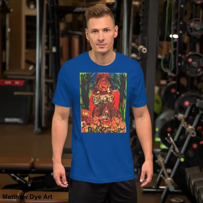Blue unisex Halloween art tee featuring a Trick or Treat graphic design