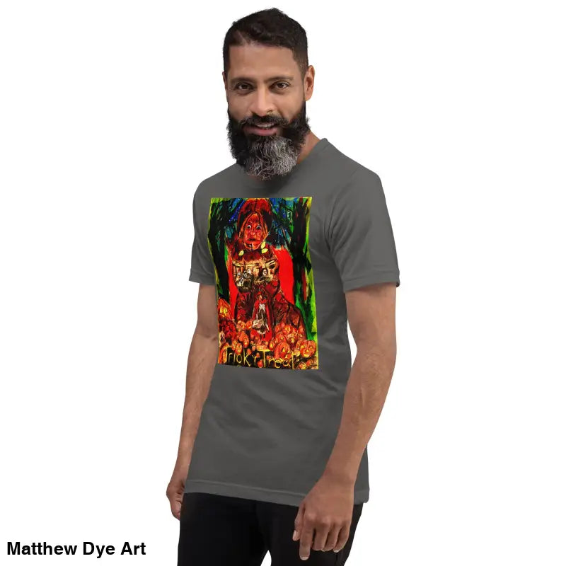 Gray unisex Halloween art tee featuring colorful Nightmare Trickster design for trick r treat