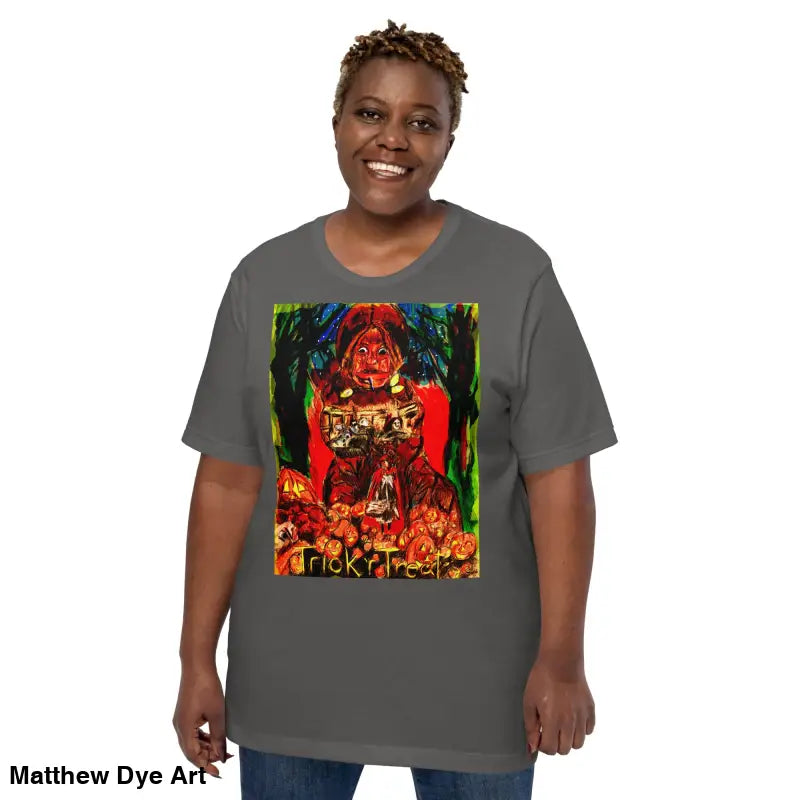 Gray unisex Halloween graphic t-shirt featuring a Trick R Treat design