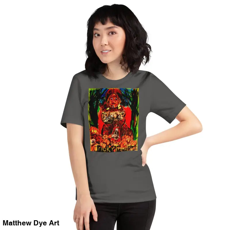 Gray unisex Halloween art tee featuring a Nightmare Trickster trick r treat graphic
