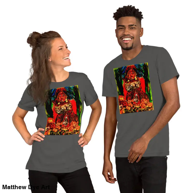Matching gray unisex t-shirts featuring Halloween graphic for Trick R Treat celebrations