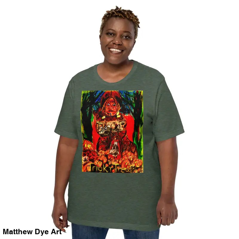 Green unisex t-shirt featuring Halloween graphic for Trick or Treat celebrations