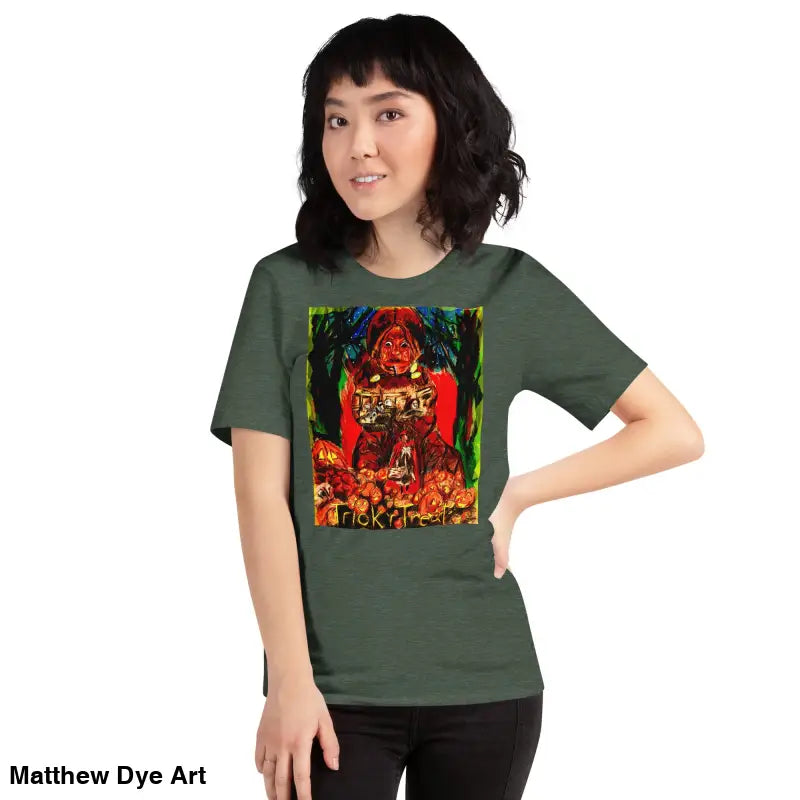 Green unisex Halloween t-shirt featuring a Trick R Treat graphic design