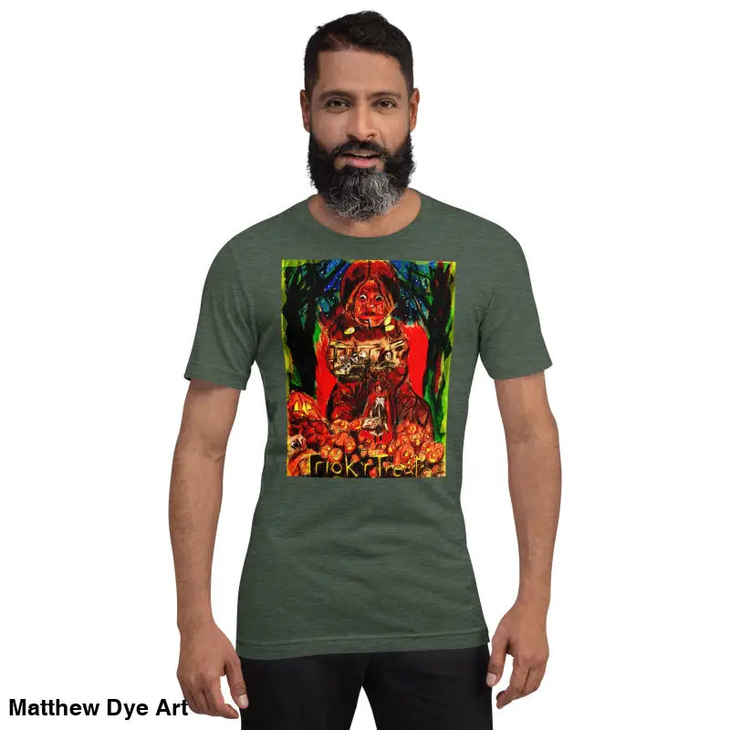 Green unisex Halloween art tee featuring a Trick R Treat graphic design