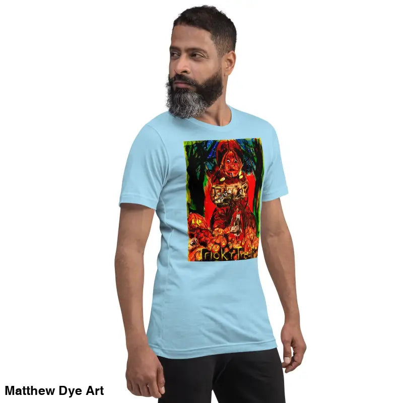 Light blue unisex graphic tee featuring Nightmare Trickster for Halloween trick r treat