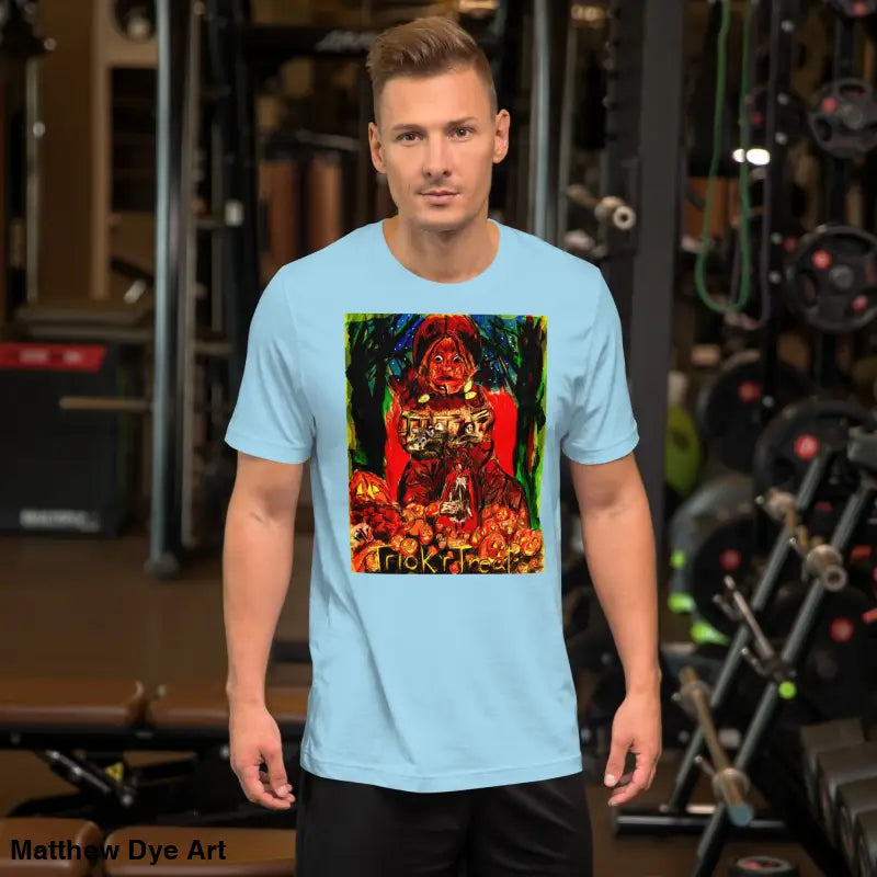 Light blue unisex Halloween tee featuring a Trick R Treat graphic design