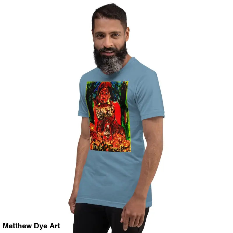 Man wearing Nightmare Trickster unisex Halloween art tee perfect for trick r treat