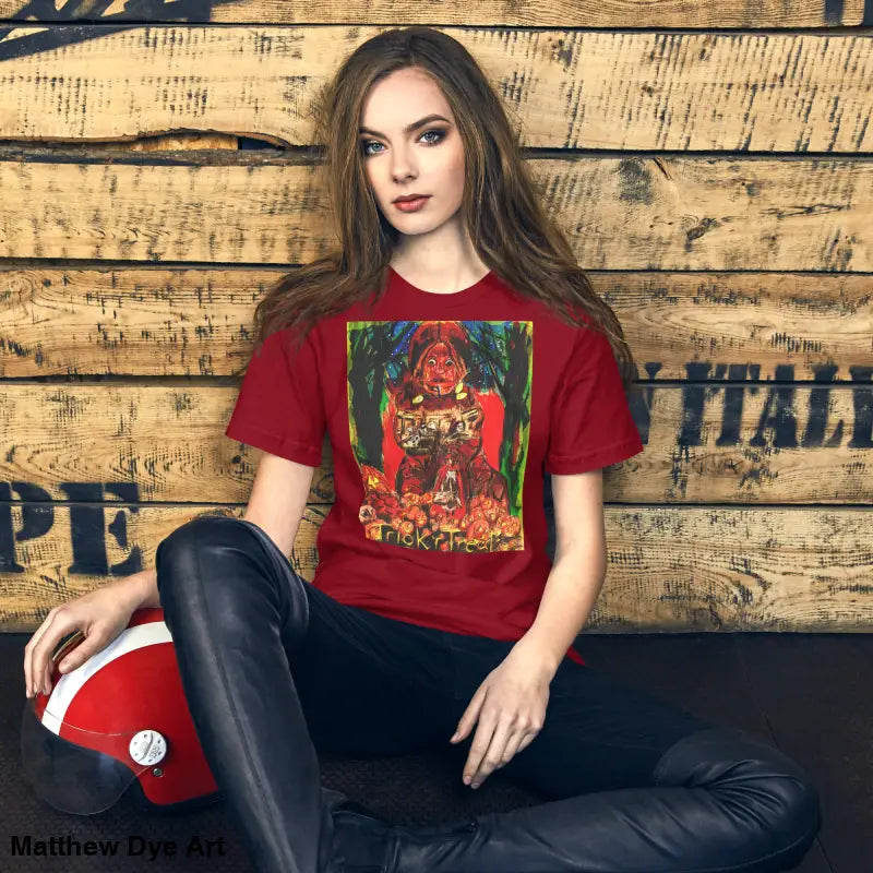 Maroon unisex t-shirt featuring colorful artwork for Halloween trick r treat enthusiasts