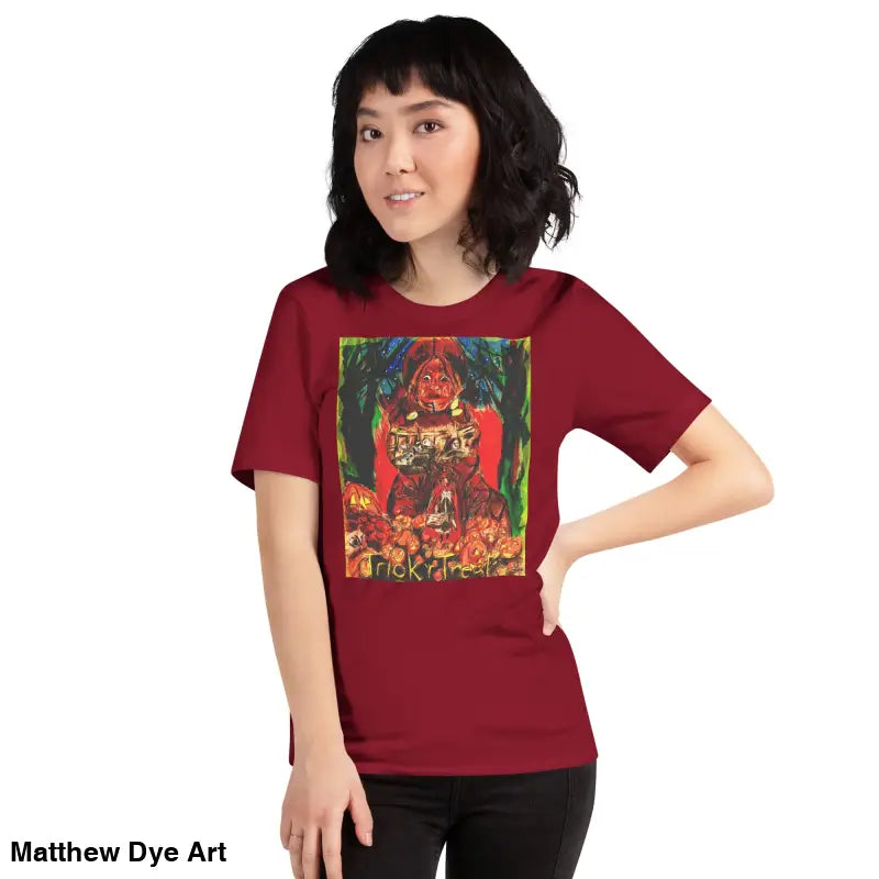 Maroon unisex Halloween graphic tee featuring a fun Trick R Treat design
