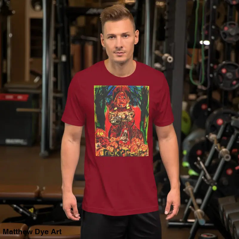 Maroon unisex Halloween t-shirt featuring a Trick R Treat graphic design