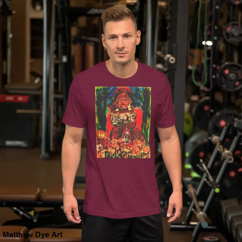 Maroon unisex Halloween tee featuring a Trick R Treat graphic design