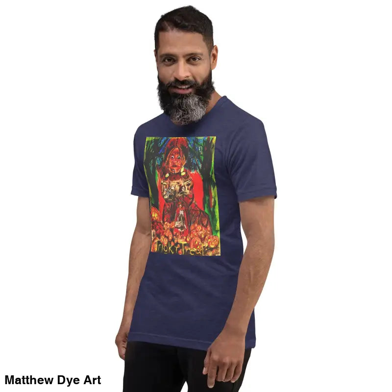 Navy blue graphic tee featuring Nightmare Trickster for unisex Halloween festivities