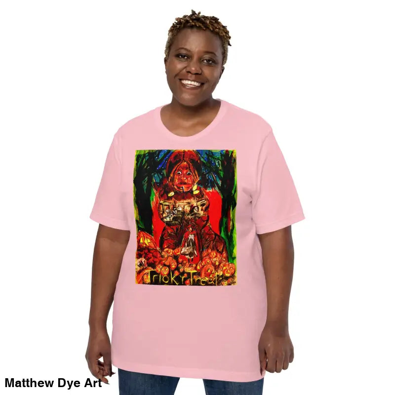 Pink unisex Halloween T-shirt featuring a Trick R Treat graphic design