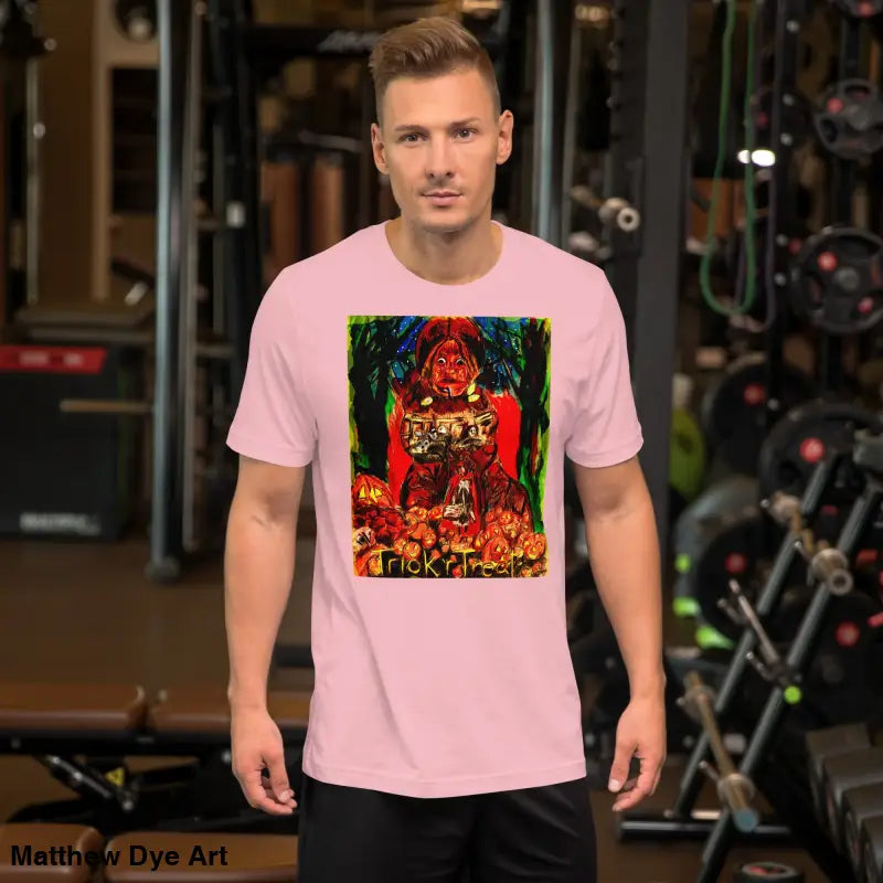 Pink unisex Halloween t-shirt featuring a Trick R Treat graphic design