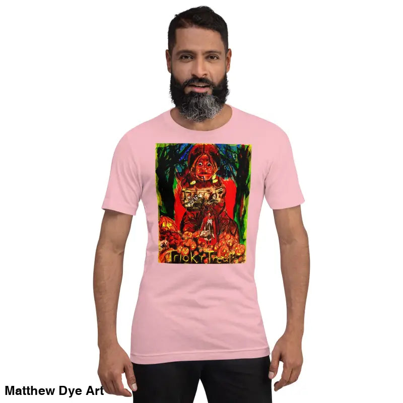 Pink unisex Halloween art tee featuring a Trick R Treat graphic design