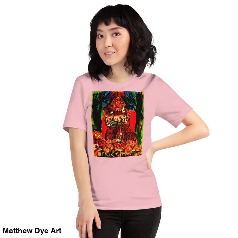 Pink unisex Halloween t-shirt featuring colorful Trick r Treat graphic design