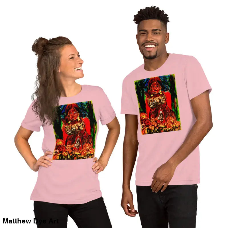 Matching pink t-shirts featuring Nightmare Trickster for unisex Halloween celebrations