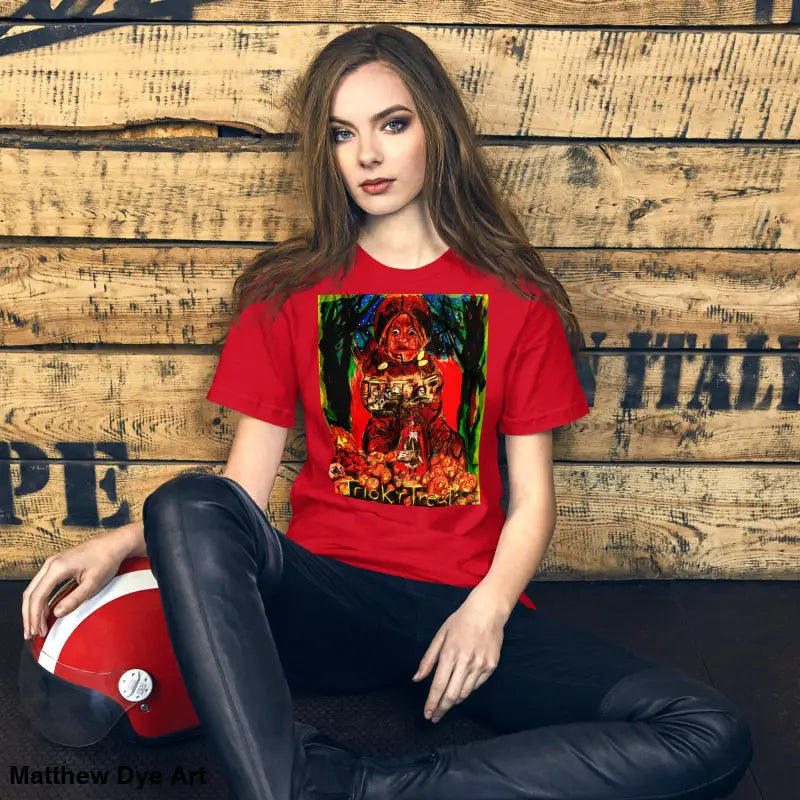 Unisex Halloween Art Tee featuring a red graphic design for trick r treat enthusiasts
