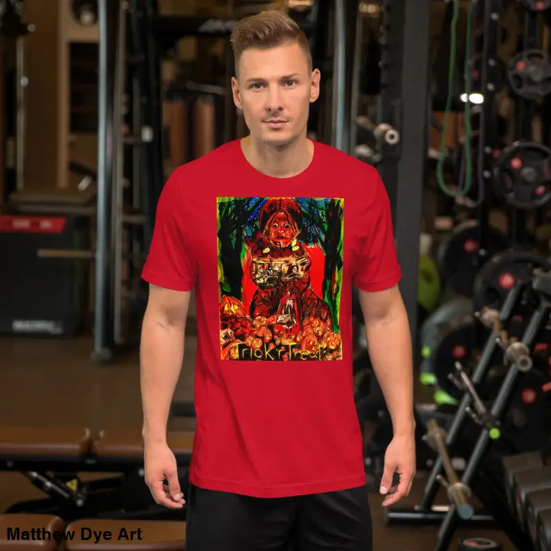 Red unisex Halloween tee featuring Nightmare Trickster graphic perfect for trick r treat