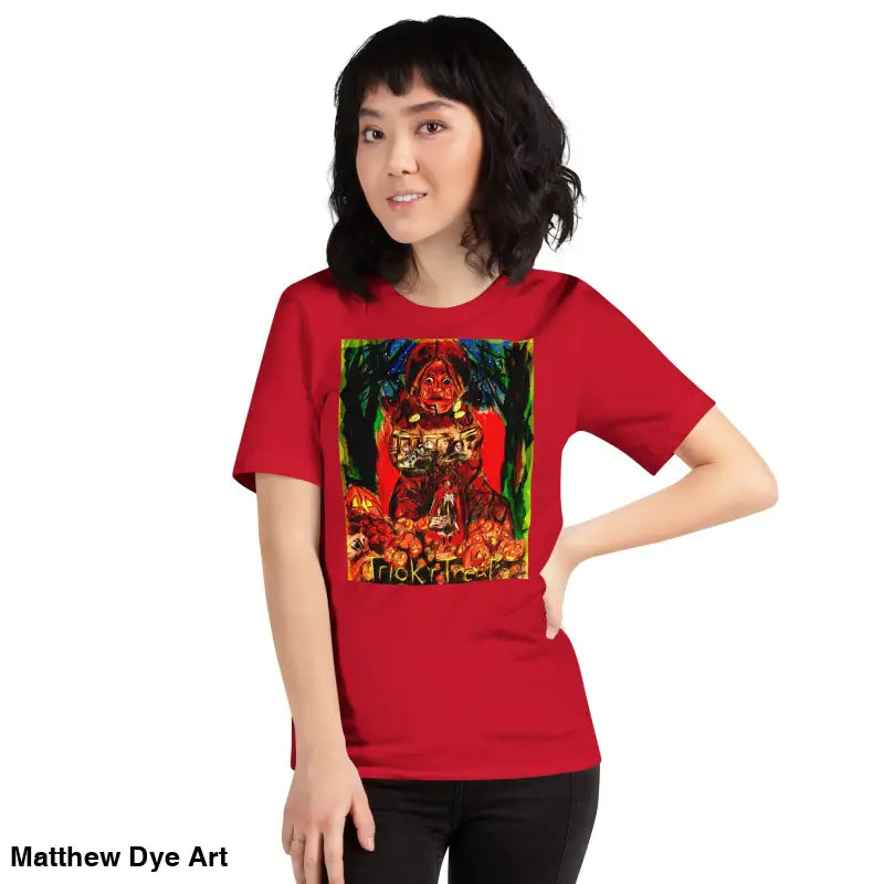 Red unisex t-shirt featuring Halloween-themed graphic, perfect for trick r treat celebrations