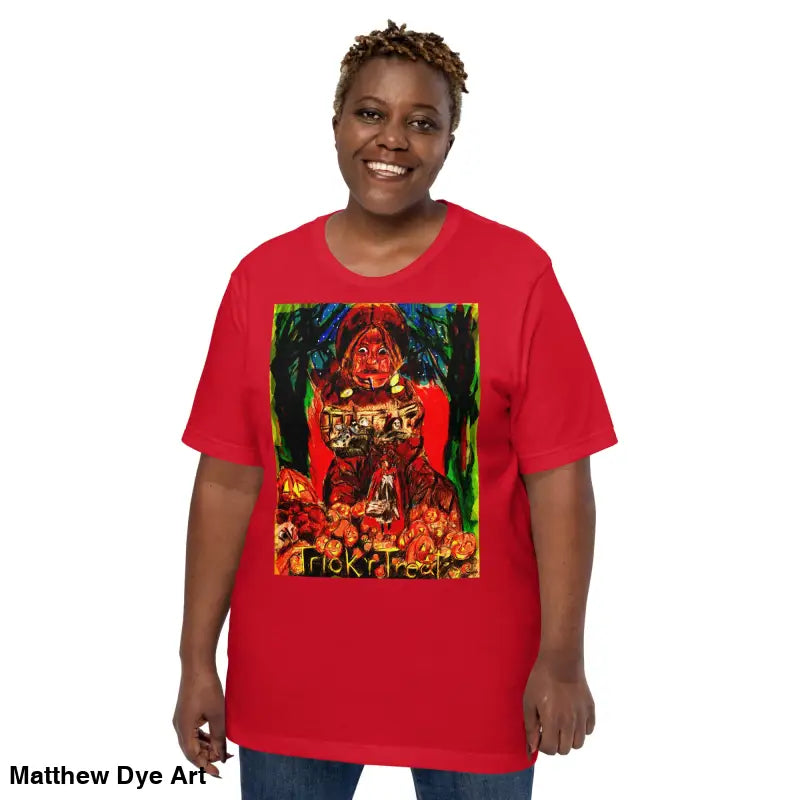 Red unisex Halloween Art Tee featuring a Trick R Treat graphic design