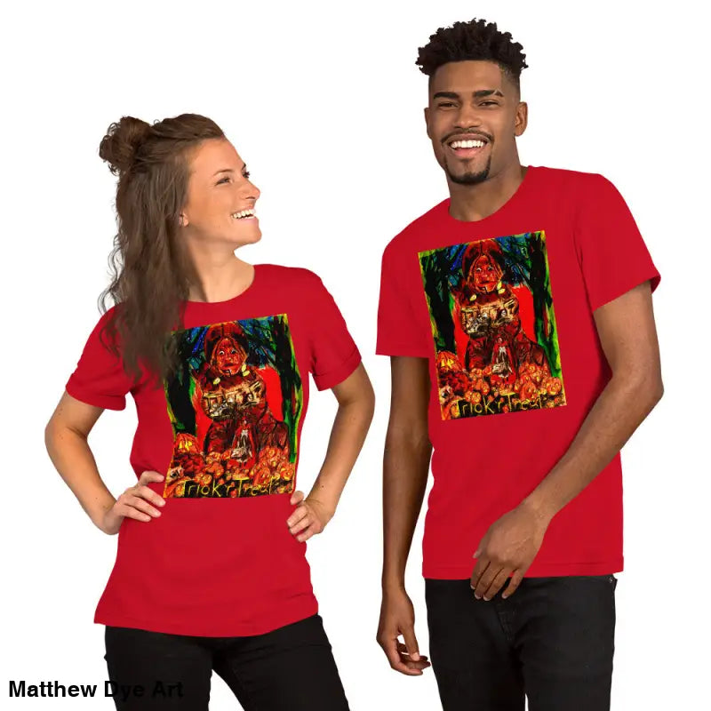 Matching red unisex t-shirts featuring Halloween Trick r Treat graphic design