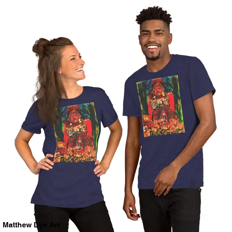 Two people in navy unisex t-shirts featuring a Halloween Trick R Treat graphic