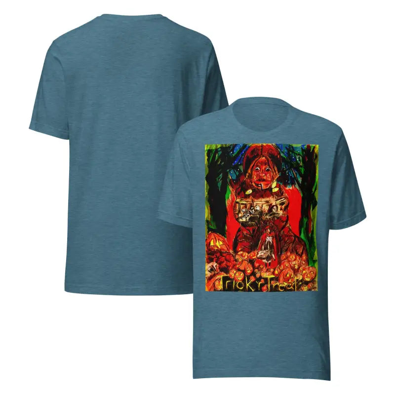 Blue unisex Halloween tee featuring a trick r treat graphic design
