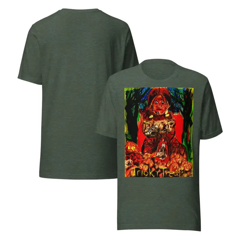 Olive green unisex Halloween Art Tee featuring Nightmare Trickster design for Trick r Treat