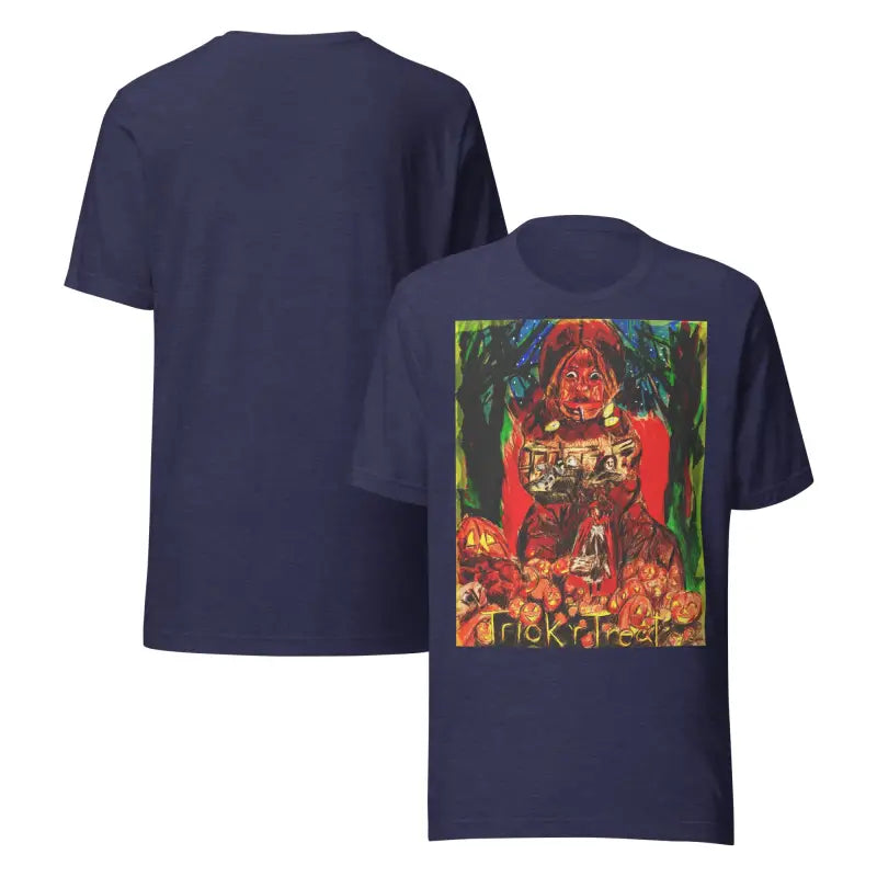 Two navy unisex t-shirts showcasing Nightmare Trickster Halloween design, perfect for trick r treat