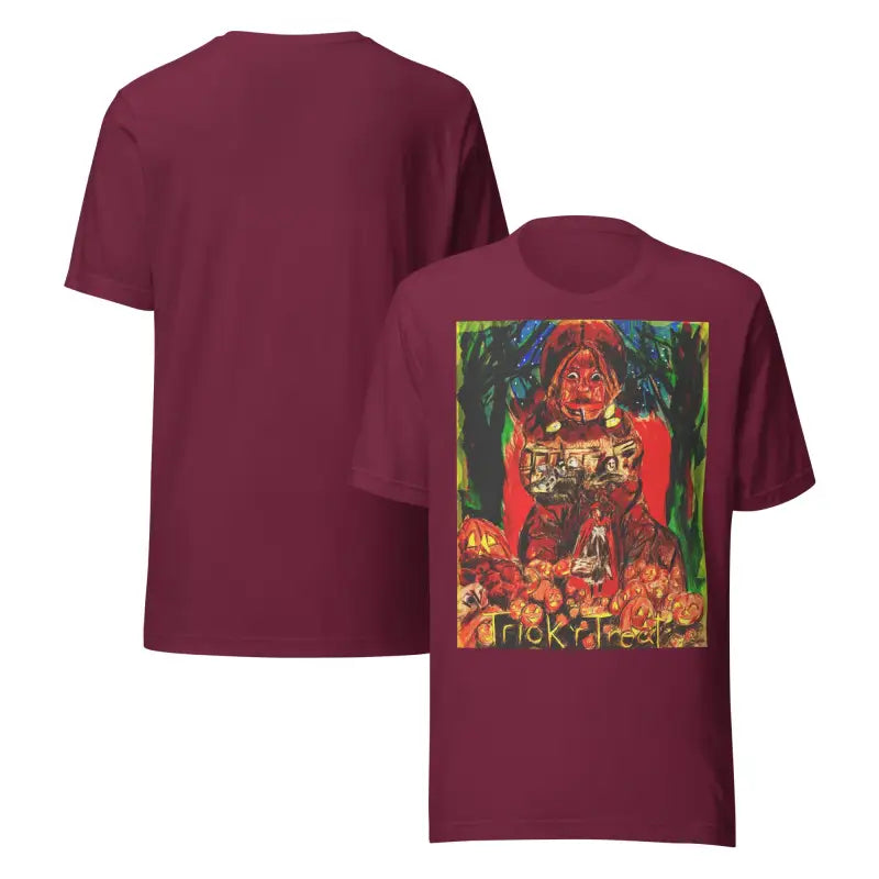 Maroon unisex Halloween Art Tee featuring a Nightmare Trickster graphic for Trick or Treat