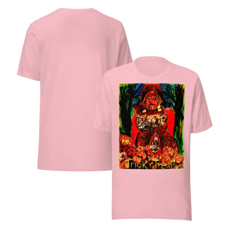 Two pink unisex t-shirts from the Nightmare Trickster Halloween collection