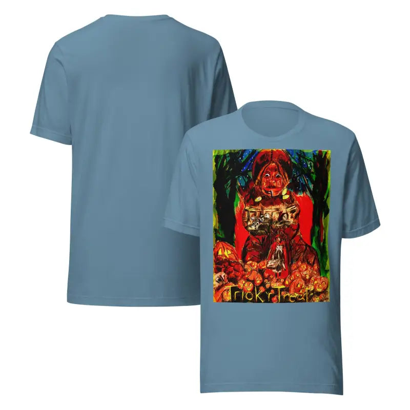 Blue unisex t-shirt featuring colorful graphic for a Halloween Trick R Treat theme
